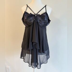 Seductivewear Cinema Etoile Black Ruffle Lace Sheer Babydoll Lingerie Top Large